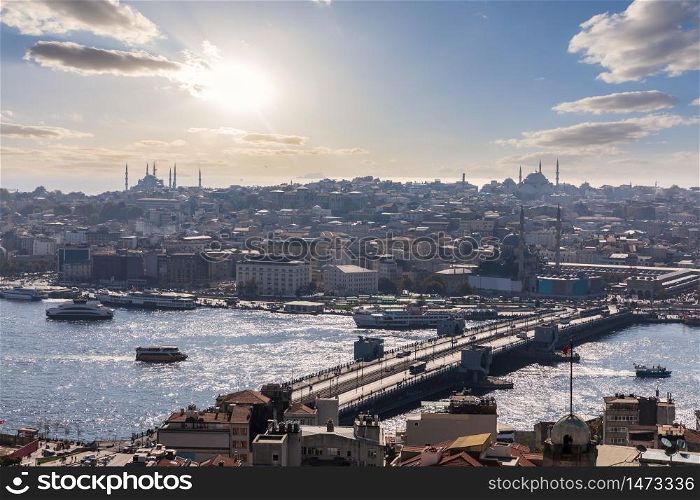 Galata Bridge over the Bosporus straight in Istanbul, Turkey, aerial view.