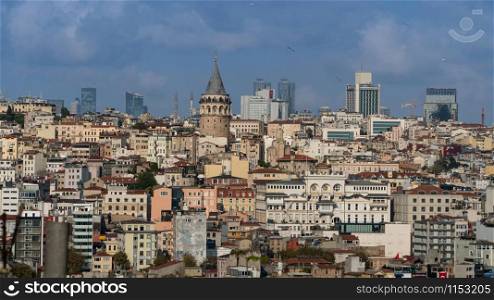 Galata tower,cityscape and istanbul view from suleymaniye mosque?s garden on November 27, 2019 in istanbul, Turkey