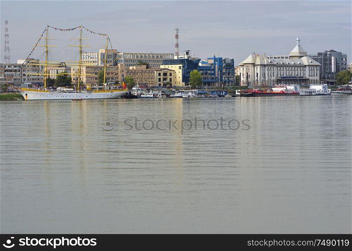 Galati, Romania - September 17, 2019. Brice Mircea Romanian Military Navy School Ship docked on Danube river in commercial port quay of Galati