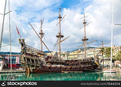 Galeone old wooden ship in a summer day in Genoa, Italy