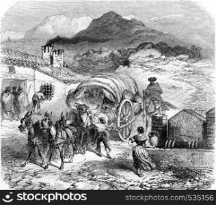 Galera arriving at a hostel in the Sierra Nevada, vintage engraved illustration. Magasin Pittoresque 1855.
