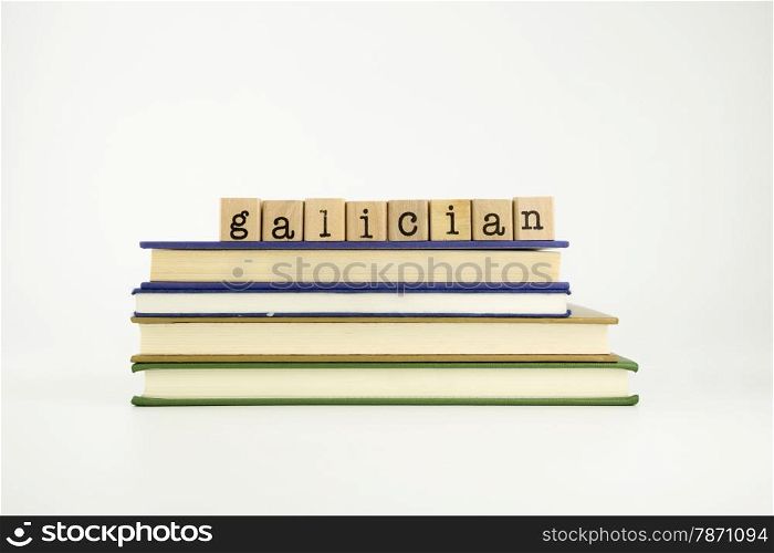 galician word on wood stamps stack on books, language and conversation concept