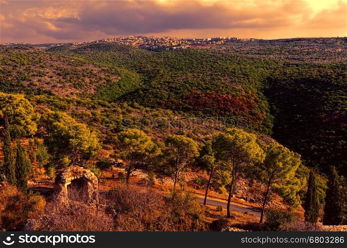Galilee mountains arab settlement in Israel at sunset. Panorama of Galilee- the Northern District of Israel