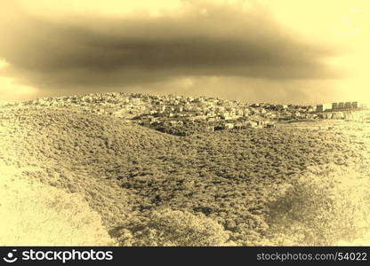 Galilee mountains arab settlement in Israel. Panorama of Galilee- the Northern District of Israel. Vintage Style Toned Picture