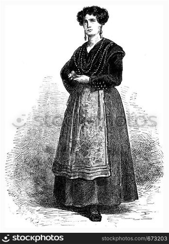 Gallega (Galician) in festive costume, vintage engraved illustration. Le Tour du Monde, Travel Journal, (1872).
