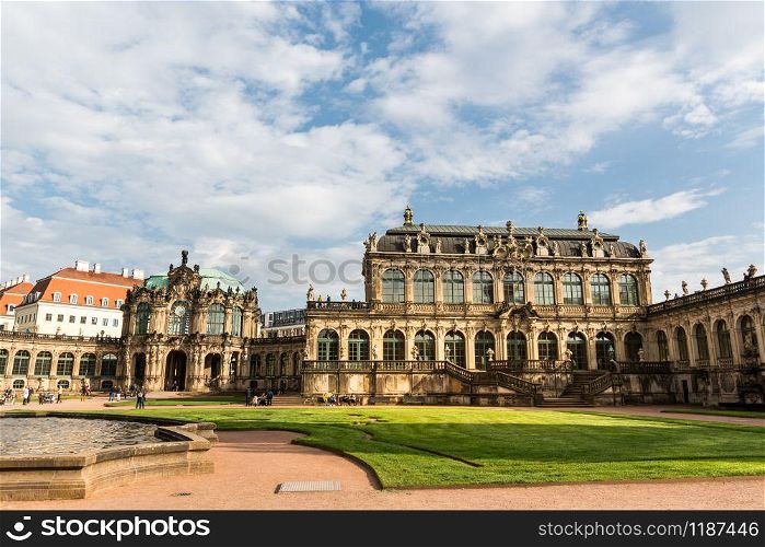 Galleries and museums in Dresdner Zwinger, view on fountain. Late Baroque and neo-Renaissance architectural complex with internal garden. Gallery in Dresdner Zwinger, view on fountain