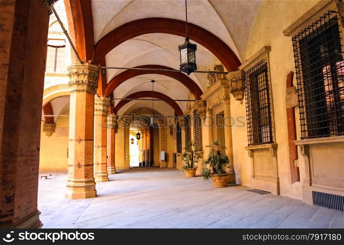 Gallery in the courtyard of the Palazzo Comunale in Bologna. Italy