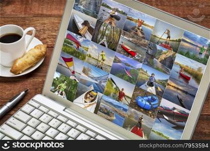 gallery of paddling pictures from Colorado featuring variety of boats (kayak, canoe, outrigger,packraft, stand up paddleboard) and the same male model - reviewing and editing images on a laptop