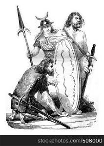 Gallic soldiers, before the Roman domination, vintage engraved illustration. Magasin Pittoresque 1842.