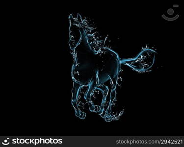 Galloping horse liquid artwork on black - Animal figure in motion made of water with falling drops