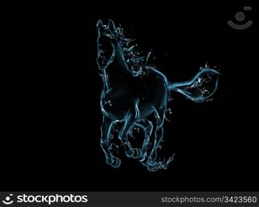 Galloping horse liquid artwork on black - Animal figure in motion made of water with falling drops
