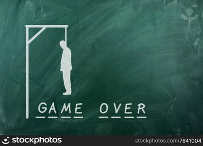 "gallows game-businessman bancruptcy on green blackboard and text "credit history""