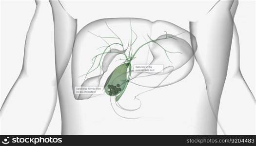 Gallstones are pieces of solid material that form in the gallbladder, a small hollow organ located beneath the liver. 3D rendering. Gallstones are pieces of solid material that form in the gallbladder, a small hollow organ located beneath the liver.