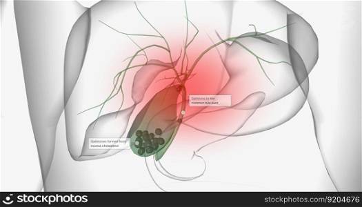 Gallstones are pieces of solid material that form in the gallbladder, a small hollow organ located beneath the liver. 3D rendering. Gallstones are pieces of solid material that form in the gallbladder, a small hollow organ located beneath the liver.