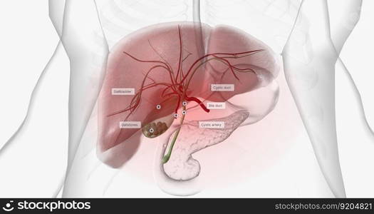 Gallstones are pieces of solid material that form in the gallbladder, a small hollow organ located beneath the liver. 3D rendering. Gallstones are pieces of solid material that form in the gallbladder, a small hollow organ located beneath the liver.