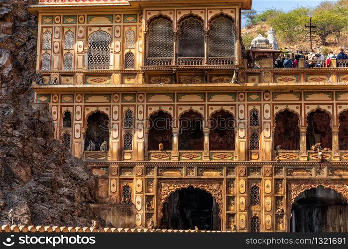 Galta Temple in Monkey Temple complex, detailed facade view, India, Jaipur.. Galta Temple in Monkey Temple complex, detailed facade view, India, Jaipur