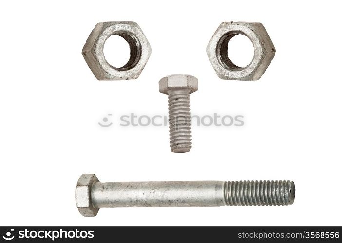 Galvanized nuts and bolts isolated on white background.