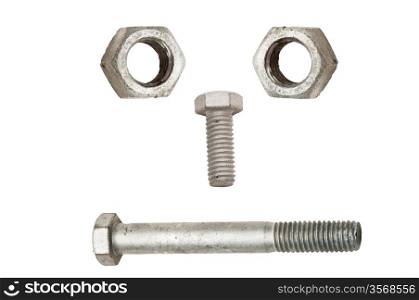 Galvanized nuts and bolts isolated on white background.
