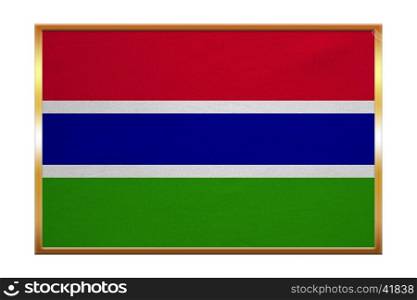 Gambian national official flag. African patriotic symbol, banner, element, background. Correct colors. Flag of the Gambia , golden frame, fabric texture, illustration. Accurate size, color