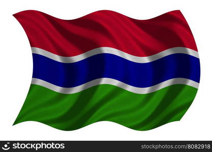 Gambian national official flag. African patriotic symbol, banner, element, background. Correct colors. Flag of the Gambia with real detailed fabric texture wavy isolated on white, 3D illustration