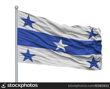 Gambier Islands City Flag On Flagpole, Country French Polynesia, Isolated On White Background. Gambier Islands City Flag On Flagpole, French Polynesia, Isolated On White Background