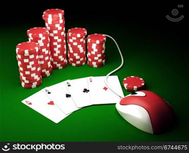 Gambling chips and poker cards on green carpet with computer mouse - 3D render