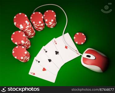 Gambling chips and poker cards on green carpet with computer mouse - 3D render