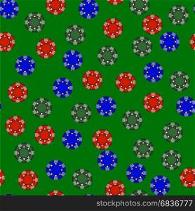 Gambling Plastic Colored Chips Seamless Pattern on Green Cloth Background. Gambling Plastic Colored Chips Seamless Pattern