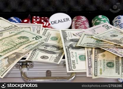 Gambling set. Gambling background with dollars,dices and chips