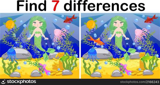 Game for children: find differences, little mermaid and sea world.. Game for children: find differences, little mermaid and sea world