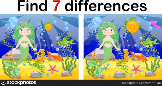 Game for children: find differences, little mermaid and sea world.. Game for children: find differences, little mermaid and sea world