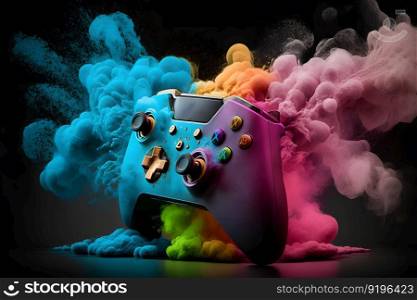 Game joystick on colorful splash background. Neural network AI generated art. Game joystick on colorful splash background. Neural network AI generated