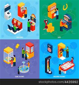 Game Machines 4 Isometric Icons Square. Claw crane and video games amusement slot machines 4 isometric icons square banner abstract isolated vector illustration