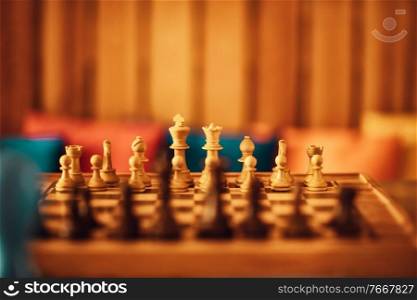 Game of Chess. Checkerboard with Figures. Soft Warm Light. Intellectual Sports.