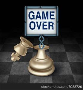 Game over business concept as an open king chess piece on a checkered board with a sign emerging with words representing the competitive metaphor and symbol for the end or termination as a winner or loser.
