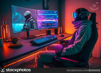 Gamer in neon room virtual reality goggles. Metaverse technology concept, VR. Neural network AI generated art. Gamer in neon room virtual reality goggles. Metaverse technology concept, VR. Neural network AI generated