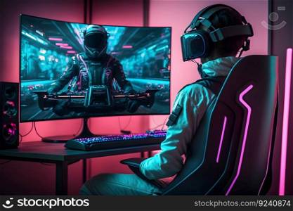 Gamer in neon room virtual reality goggles. Metaverse technology concept, VR. Neural network AI generated art. Gamer in neon room virtual reality goggles. Metaverse technology concept, VR. Neural network AI generated