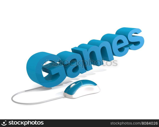 Games word with blue mouse, 3D rendering