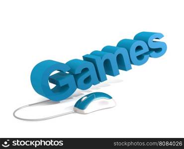 Games word with blue mouse, 3D rendering
