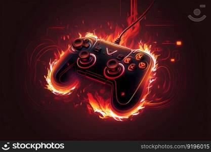 gaming controller with fire, cartoon style. Neural network AI generated art. gaming controller with fire, cartoon style. Neural network generated art