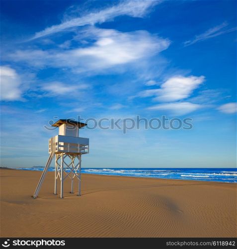 Gandia beach in Valencia of Mediterranean Spain baywatch tower