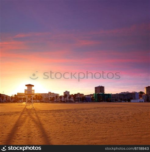 Gandia beach in Valencia of Mediterranean Spain baywatch tower
