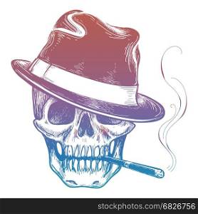 Gangster colorful skull with cigarette sketch. Colorful gangster human skull with cigarette sketch vector