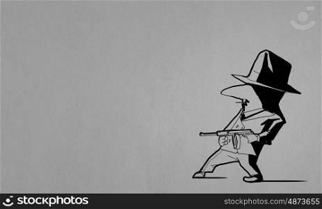 Gangster man. Caricature of gangster man with gun on white background