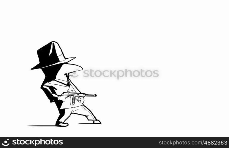 Gangster man. Caricature of gangster man with gun on white background