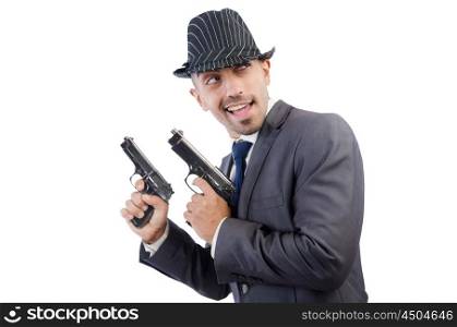 Gangster with guns isolated on white