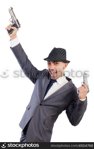 Gangster with guns isolated on white