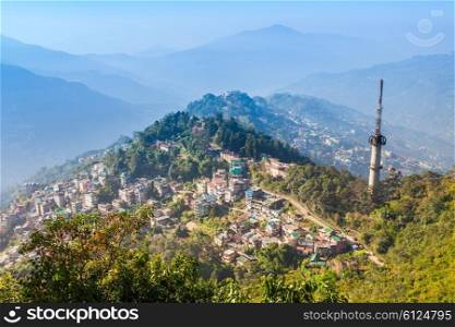 Gangtok city aerial panoramic view from Ropeway in the Indian state of Sikkim, India