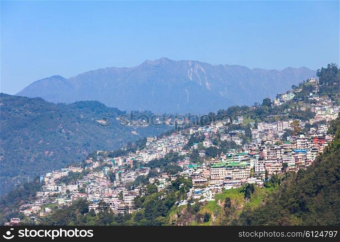 Gangtok city aerial panoramic view from Ropeway in the Indian state of Sikkim, India