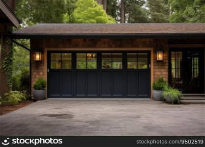 Garage door with a driveway in front.